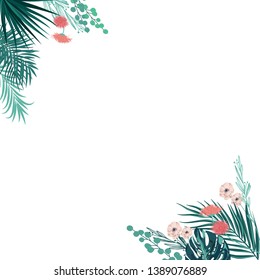 Vector illustration of a floral frame with tropical leaves for Wedding, anniversary, birthday and party.