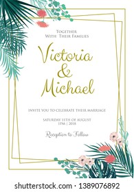 Vector Illustration Of A Floral Frame With Tropical Leaves For Wedding, Anniversary, Birthday And Party.