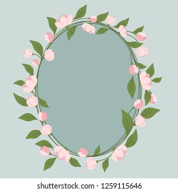 Vector illustration of floral frame. Useful for cards, flyers, brochure, posters. Design with cherry blossom. Botanical template with frame and flowers for poligraphy: invitation, greeting and covers.