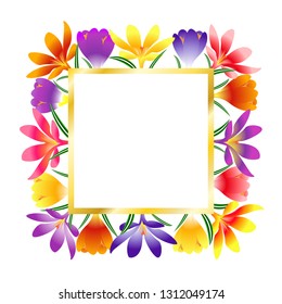 Vector illustration. A floral frame with сrocuses for wedding, anniversary, birthday and party. Design for banner, poster, card and invitation.