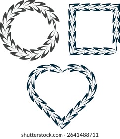 Vector illustration of floral frames in circle, square, and heart shapes. Decorative design elements for invitations, cards, and graphic projects.
