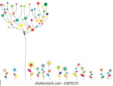 Vector illustration of floral funky background with the tree and flowers.