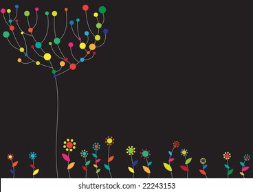 Vector illustration of floral funky background with the tree and flowers.