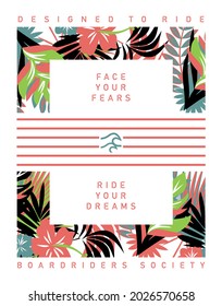 Ilustración vectorial de la floral con elementos gráficos y texto que representa el surf. Arte para impresiones en camisetas, afiches, etc...