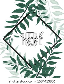 Vector illustration floral greenery card design. Forest leaves. Wedding invite poster invitation. Green leaves border