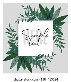 Vector illustration floral greenery card design. Forest leaves. Wedding invite poster invitation. Green leaves border