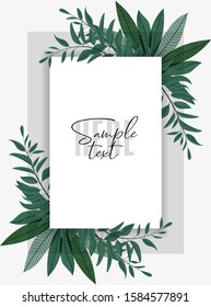Vector illustration floral greenery card design. Forest leaves. Wedding invite poster invitation. Green leaves border