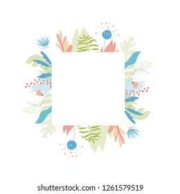 Vector illustration of floral greeting card template design with place for your text. Jungle plant hand drawn frame. Modern wedding Invitation. Tropical colorful flowers and leaves wreath border.