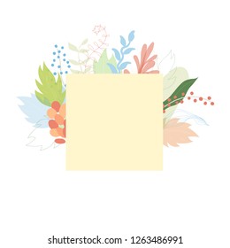 Vector illustration of floral greeting card template design with place for your text. Jungle plant hand drawn frame. Modern wedding Invitation. Tropical colorful flowers and leaves wreath border.