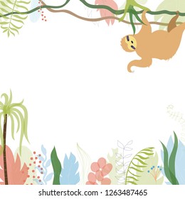 Vector illustration of floral greeting card template design with place for your text and sloth. Jungle plant hand drawn frame. Tropical colorful flowers and leaves wreath border.
