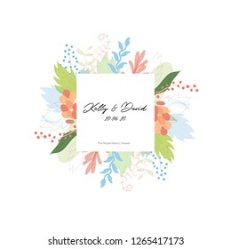 Vector illustration of floral greeting card template design with place for your text. Jungle plant hand drawn frame. Modern wedding Invitation. Tropical colorful flowers and leaves wreath border.