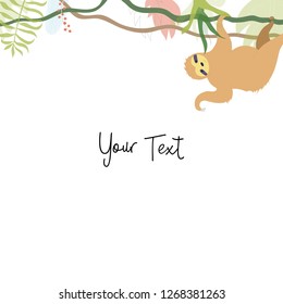 Vector illustration of floral greeting card template design with place for your text and sloth. Jungle plant hand drawn frame. Tropical colorful flowers and leaves wreath border.