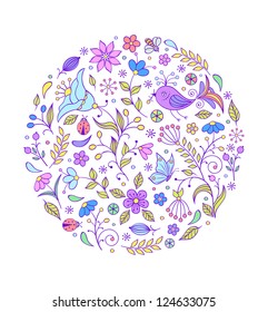 Vector illustration of floral hand drawn colorful pattern on white background. It can be used for production of children's plates