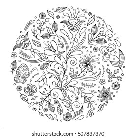 Vector illustration of floral hand drawn pattern.Coloring page for adult