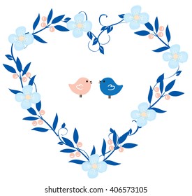 vector illustration of a floral heart shape wreath with birds