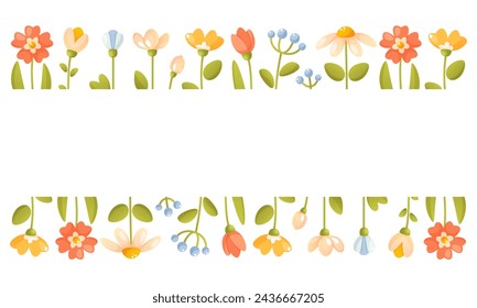 Vector illustration of a floral horizontal frame, border of flowers at the bottom and top. Summer spring flowers and green leaves. Mother's day, love day, wedding, for cards and invitations
