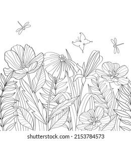 Vektorgrafik eines horizontalen Blumenmusters. Umrisszeichnung von Blumen auf weißem Hintergrund.