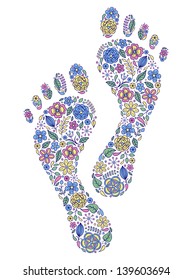 Vector illustration of floral human footprints on white background