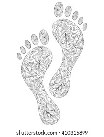 Vector illustration of floral human footprints on white background.Coloring page for adult.

