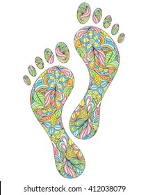 Vector illustration of floral human footprints on white background.