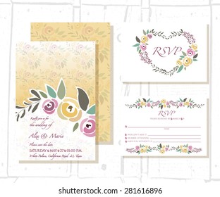 vector illustration of floral invitation template with signature, two sides of invitation card with text and two sides of RSVP card with text, on textured background with flowers and wreaths