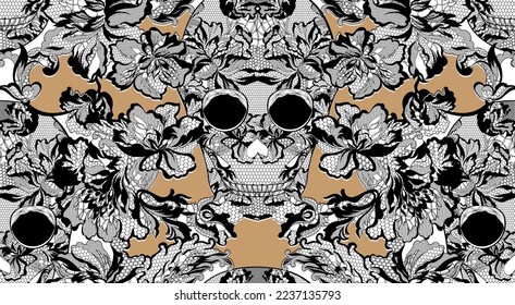 Vector illustration  floral lacy skull, seamless pattern