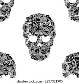 Vector illustration  floral lacy skull, seamless pattern