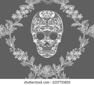 Ilustración vectorial calavera de encaje floral, patrón sin fisuras