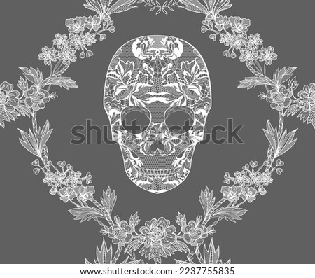 Vector illustration  floral lacy skull, seamless pattern