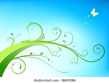 Vector illustration of floral lines background with Design elements - green flourish and yellow butterfly on white background