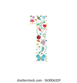 Vector illustration of floral number. Number 1 (one) . Beautiful number made from colorful flowers for publication, invitations and birthday cards.