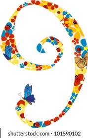 Vector illustration. Floral illustration of number nine