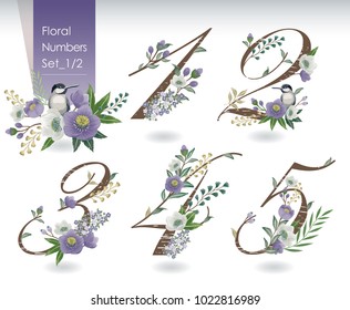 Vector illustration of floral numbers collection in spring. A set of beautiful flowers and numbers for wedding, invitations and birthday cards.