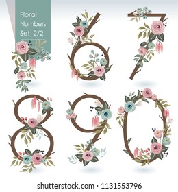 Vector illustration of floral numbers collection in spring. A set of beautiful flowers and numbers for wedding, invitations and birthday cards