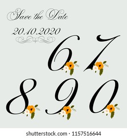 Vector illustration of floral numbers collection. A set of beautiful flowers and numbers for wedding invitations and birthday cards