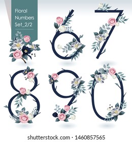 Ilustración vectorial de la colección de números florales en primavera. Un juego de hermosas flores y números para bodas, invitaciones y tarjetas de cumpleaños