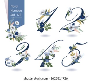 Vector illustration of floral numbers collection in spring. A set of beautiful flowers and numbers for wedding, invitations and birthday cards
