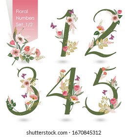 Vector illustration of floral numbers collection in spring. A set of beautiful flowers and numbers for wedding, invitations and birthday cards
