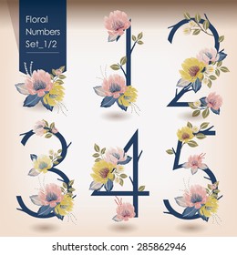 Vector illustration of floral numbers collection. A set of beautiful flowers and numbers for wedding invitations and birthday cards