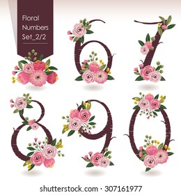 Vector illustration of floral numbers collection. A set of beautiful flowers and numbers for wedding invitations and birthday cards