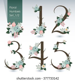 Vector illustration of floral numbers collection. A set of beautiful flowers and numbers for wedding invitations and birthday cards