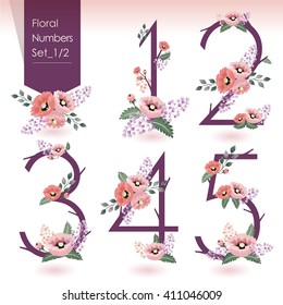 Vector illustration of floral numbers collection. A set of beautiful flowers and numbers for wedding invitations and birthday cards