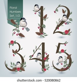 Vector illustration of floral numbers collection in winter. A set of beautiful flowers and numbers for A Happy New Year, Merry Christmas, wedding invitations and birthday cards