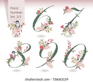 Vector illustration of floral numbers collection in spring. A set of beautiful flowers and numbers for wedding, invitations and birthday cards