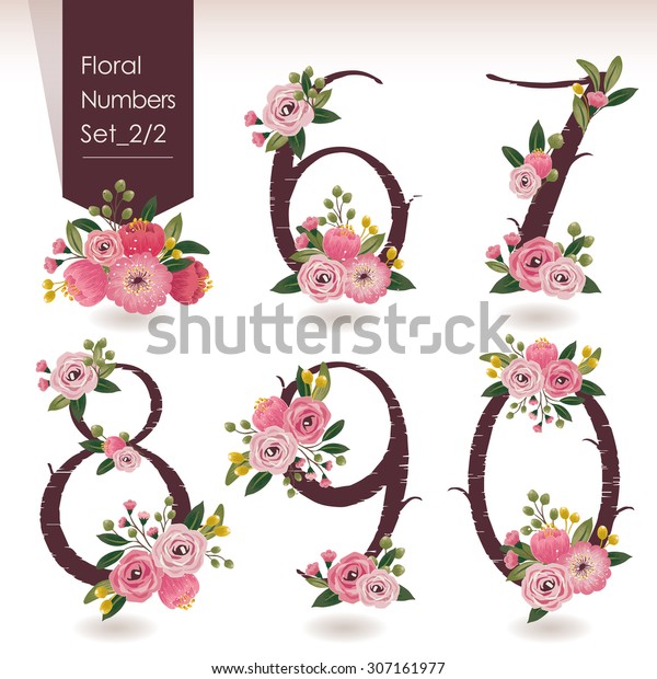花柄の番号コレクションのベクターイラスト 結婚式の招待状とバースデーカード用の美しい花と数字のセット のベクター画像素材 ロイヤリティフリー