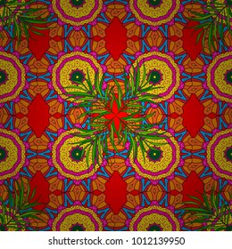 Vector illustration. Floral organic background. Hand drawn leaf texture. Cute leaves on red, yellow and orange colors. Vector illustration. Of leaves pattern on red, yellow and orange background.