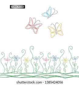 Vector illustration floral floral floral ornament embroidery of leaves, flowers and butterflies in modern style light pattern on fabric