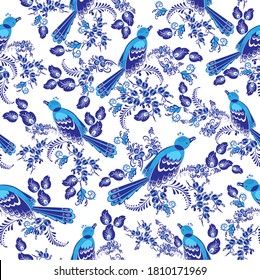 Vector illustration. Floral pattern with birds. Based on Russian folk decorative painting.