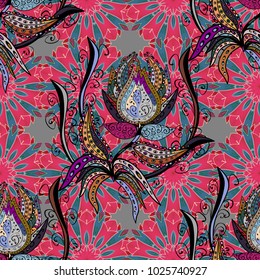 Vector illustration. Vector floral pattern in doodle style with flowers. Gentle, summer floral on pink, blue and black colors.