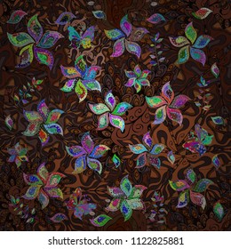 Vector illustration. Vector floral pattern in doodle style with flowers. Gentle, spring floral on brown, black and gray colors.